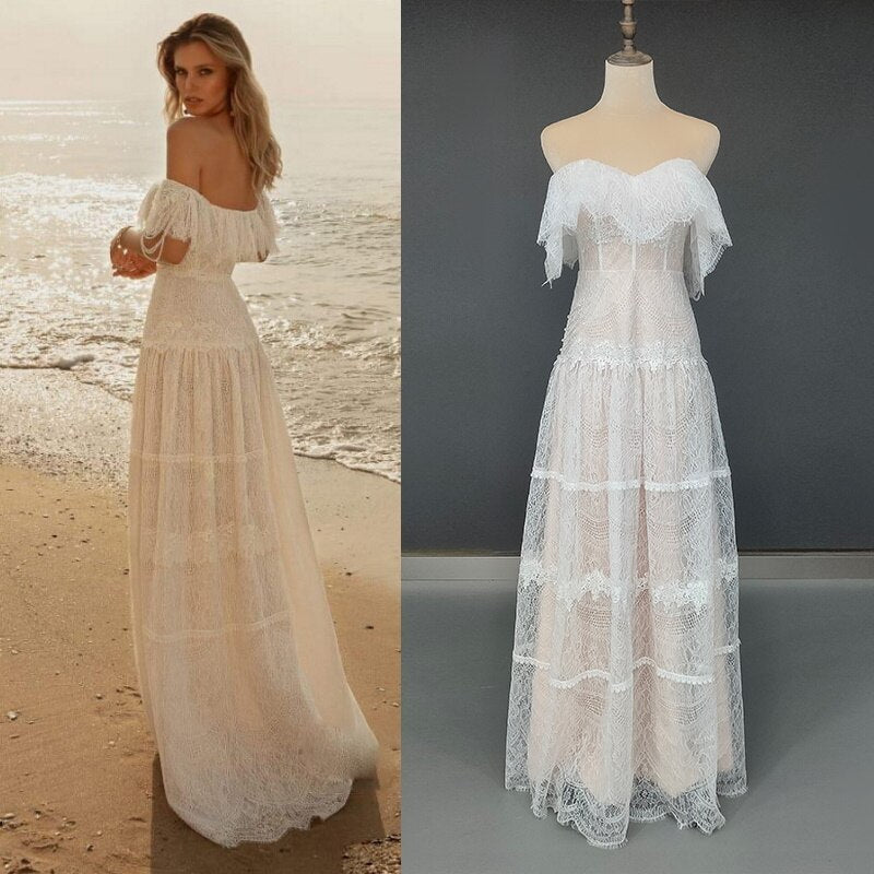 Boho Full Lace Off Shoulder Ruffles A Line Floor Length White Wedding Gown Boho Wedding Dresses BlissGown 
