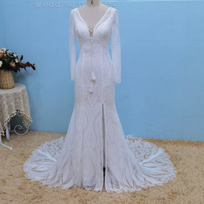 Boho Lace Long Sleeve Sexy Open Back V-Neck Front Split Chic Bridal Gown Boho Wedding Dresses BlissGown 