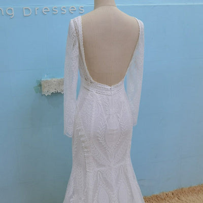 Boho Lace Long Sleeve Sexy Open Back V-Neck Front Split Chic Bridal Gown Boho Wedding Dresses BlissGown 