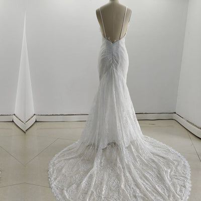 Boho Mermaid Spaghetti Straps Lace Backless Wedding Dress Boho Wedding Dresses BlissGown 