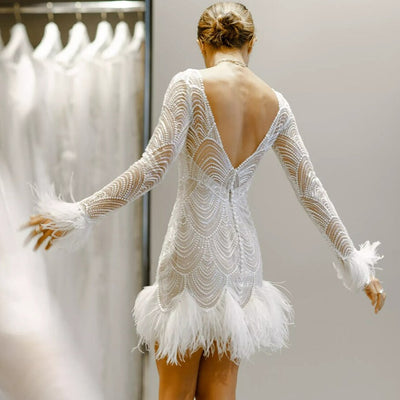 Boho Mini Feather Illusion Open Back Above Knee Lace Bridal Gown Boho Wedding Dresses BlissGown 