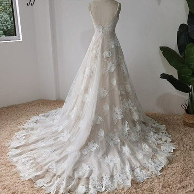 Boho Sexy Spaghetti Straps Appliques Wedding Dress Boho Wedding Dresses BlissGown 