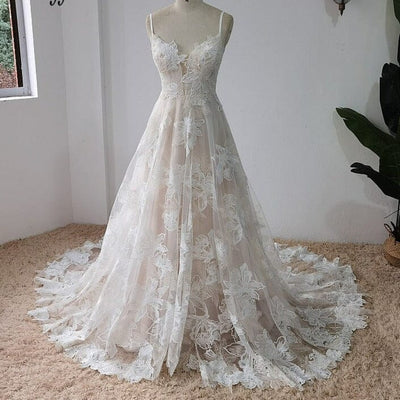 Boho Sexy Spaghetti Straps Appliques Wedding Dress Boho Wedding Dresses BlissGown 