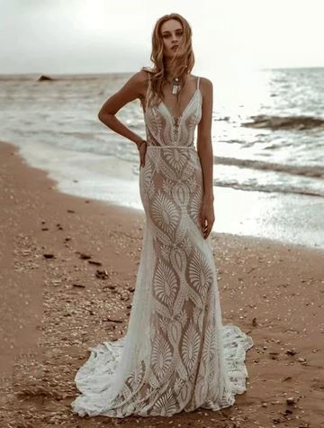 Boho Spaghetti Straps Mermaid Boho Wedding Dresses BlissGown 
