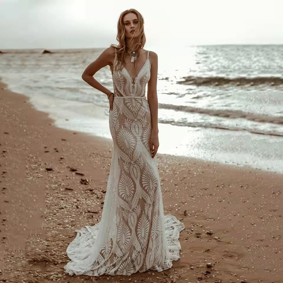 Boho Spaghetti Straps Mermaid Wedding Dress Boho Wedding Dresses BlissGown 