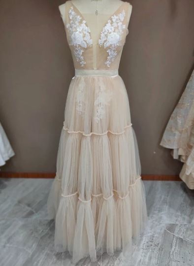Boho V-Neck Sleeveless Tulle Champagne Ruched Wedding Dress Boho Wedding Dresses BlissGown 