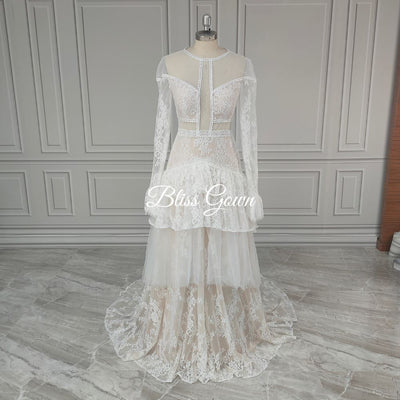 Boho With Tiered Appliques Lace Sweep Train Wedding Dress Boho Wedding Dresses BlissGown 
