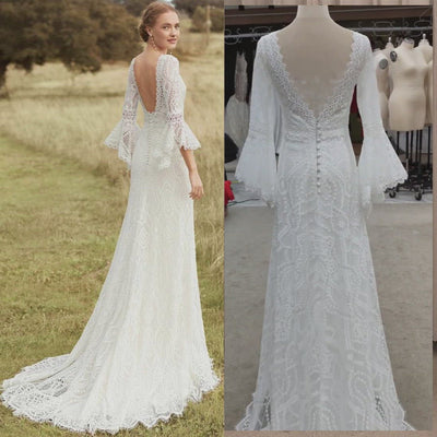 Elegant Long Bell Sleeve Lace Sheath Wedding Dress