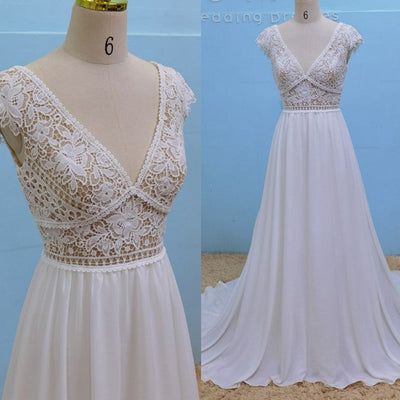 Lace Short Sleeve Chiffon Beach Illusory V-Neck Open Back Boho Bridal Gown