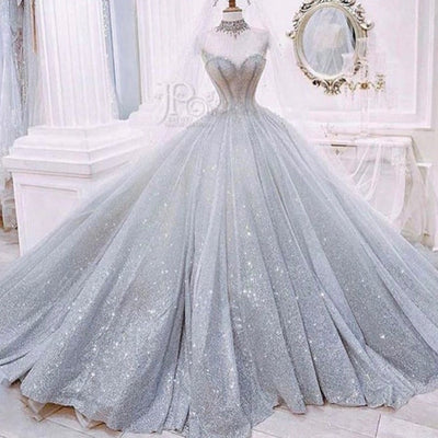 Cap Sleeve High Neck Lace Up Back Shining Crystal Elegant Prom Dress