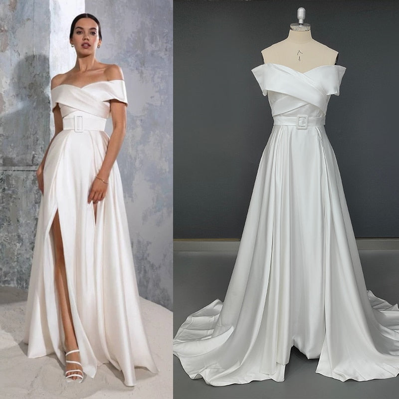 Cap Sleeves Backless Sweep Train Off-Shoulder Satin Side Slit Bridal Gown Beach Wedding Dresses BlissGown As Picture 2 