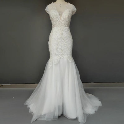 Cap Sleeves Beading Lace Appliques Sexy Illusion Back Mermaid Wedding Dress Sexy Wedding Dresses BlissGown 