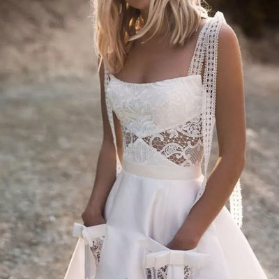 Champagne Boho Vintage Tulle with Pocket Back Lace Up Bridal Gown Beach Wedding Dresses BlissGown 
