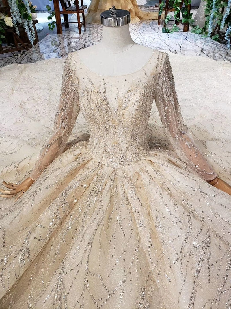 Champagne Gold With Train O Neck Long Sleeve Wedding Dress Romantic Wedding Dresses BlissGown 