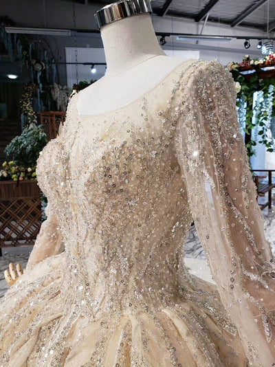 Champagne Gold With Train O Neck Long Sleeve Wedding Dress Romantic Wedding Dresses BlissGown 