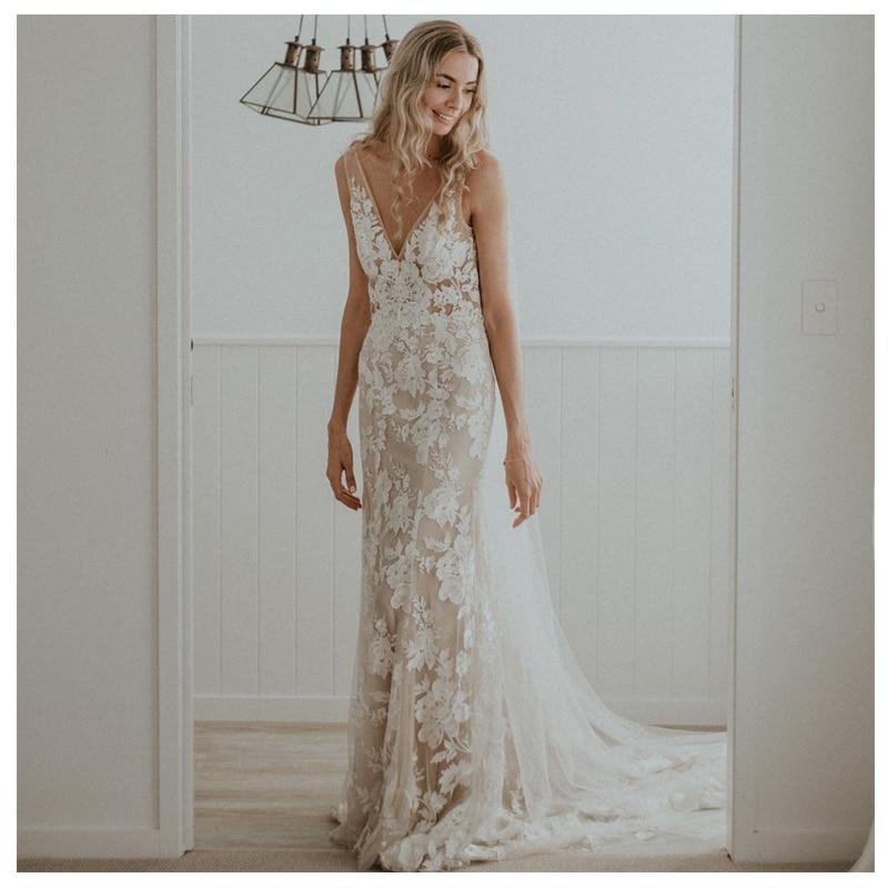 Champagne Lace Bohemian Bridal Wedding Dresses – BlissGown