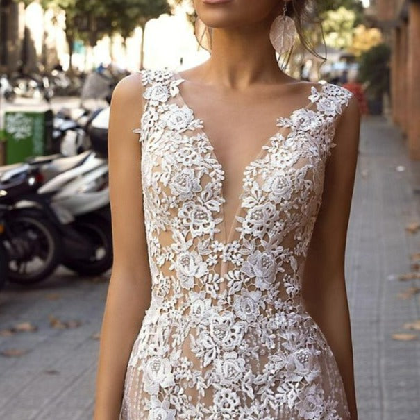 Champagne Lace Floral Sexy V-Neck Backless Bridal Gown Boho Wedding Dresses BlissGown 
