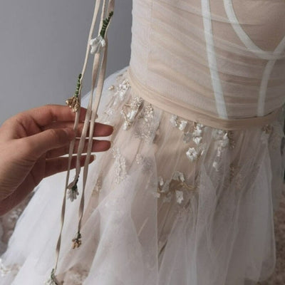 Champagne Lace Tulle Ruffles Boho Wedding Dress Boho Wedding Dresses BlissGown 