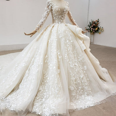Champagne Long Sleeve Appliques Crystal Sequined Wedding Dress Classic Wedding Dresses BlissGown 