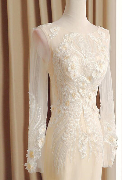 Champagne Long Sleeve Backless Lace Vintage Bridal Gown Vintage Wedding Dresses BlissGown 
