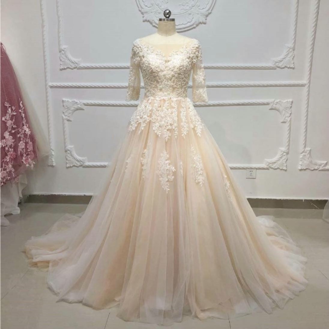 Champagne Long Sleeves Ball Gown Vintage Lace  Wedding Dress