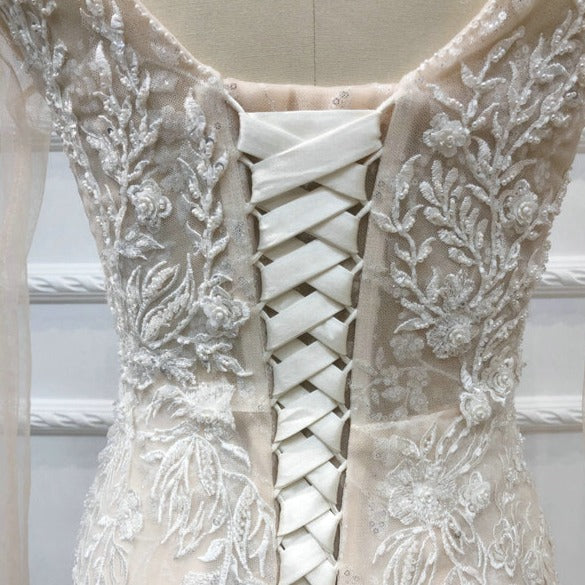 Champagne Long Sleeves Beads Elegant Mermaid Wedding Dress Vintage Wedding Dresses BlissGown 