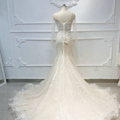 Champagne Long Sleeves Beads Elegant Mermaid Wedding Dress Vintage Wedding Dresses BlissGown 