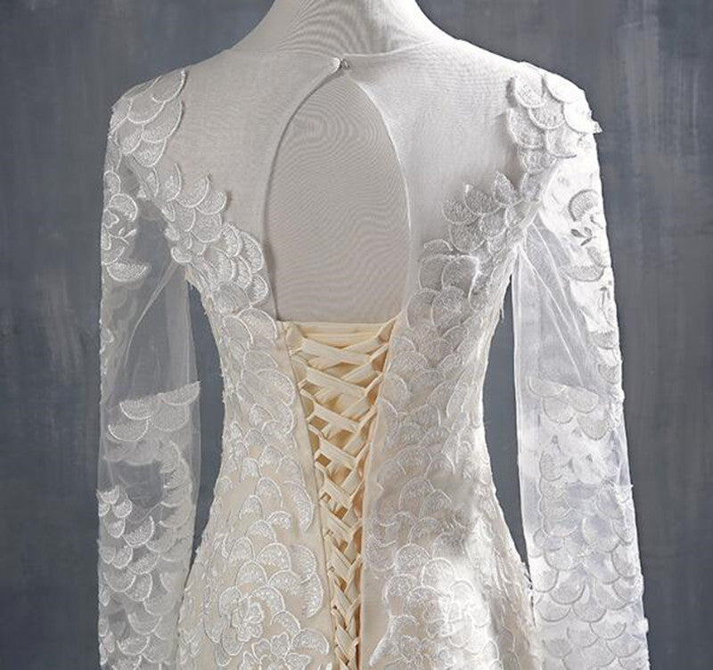 Champagne O-Neck Long Sleeve Illusion Lace Vintage Trumpet Wedding Gown Vintage Wedding Dresses BlissGown 