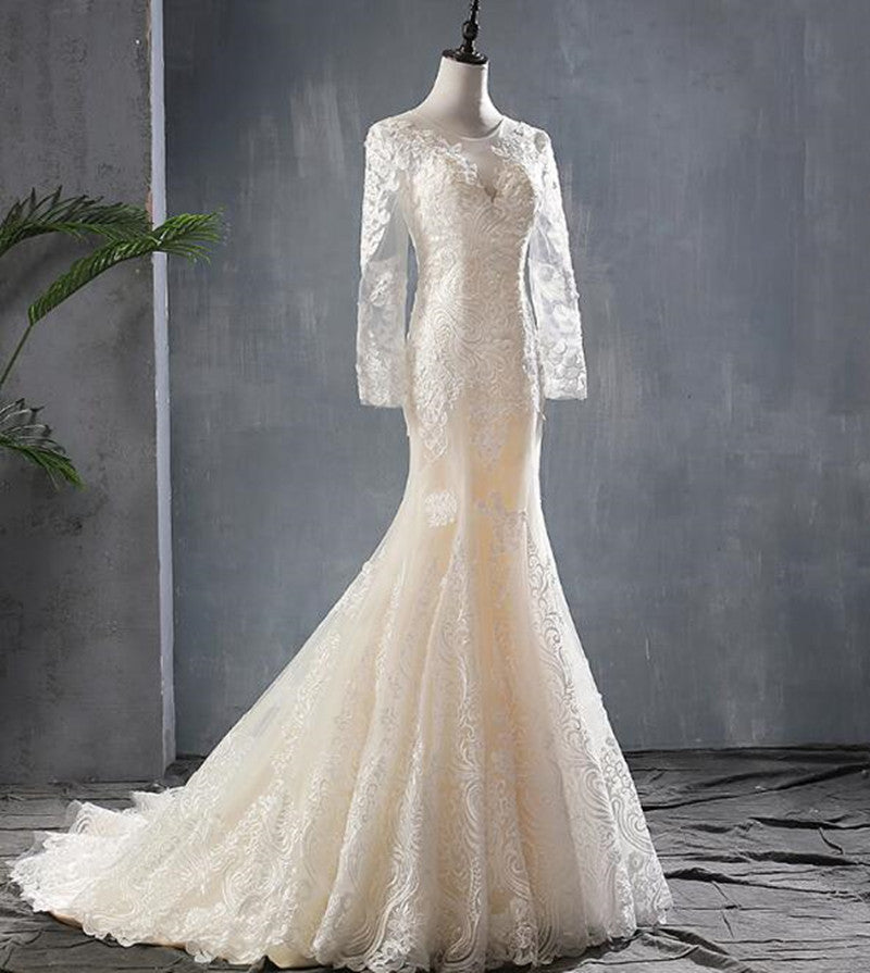 Champagne O-Neck Long Sleeve Illusion Lace Vintage Trumpet Wedding Gown Vintage Wedding Dresses BlissGown 