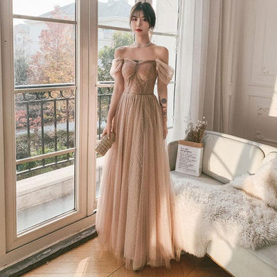 Champagne Off Shoulder Backless Lace Up Tulle Long Evening Dress Evening & Formal Dresses BlissGown Champagne 12 