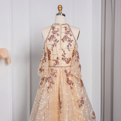 Champagne Off-Shoulder Floral Print A-line Organza Evening Dress Evening & Formal Dresses BlissGown 