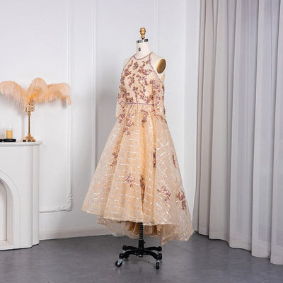 Champagne Off-Shoulder Floral Print A-line Organza Evening Dress Evening & Formal Dresses BlissGown 