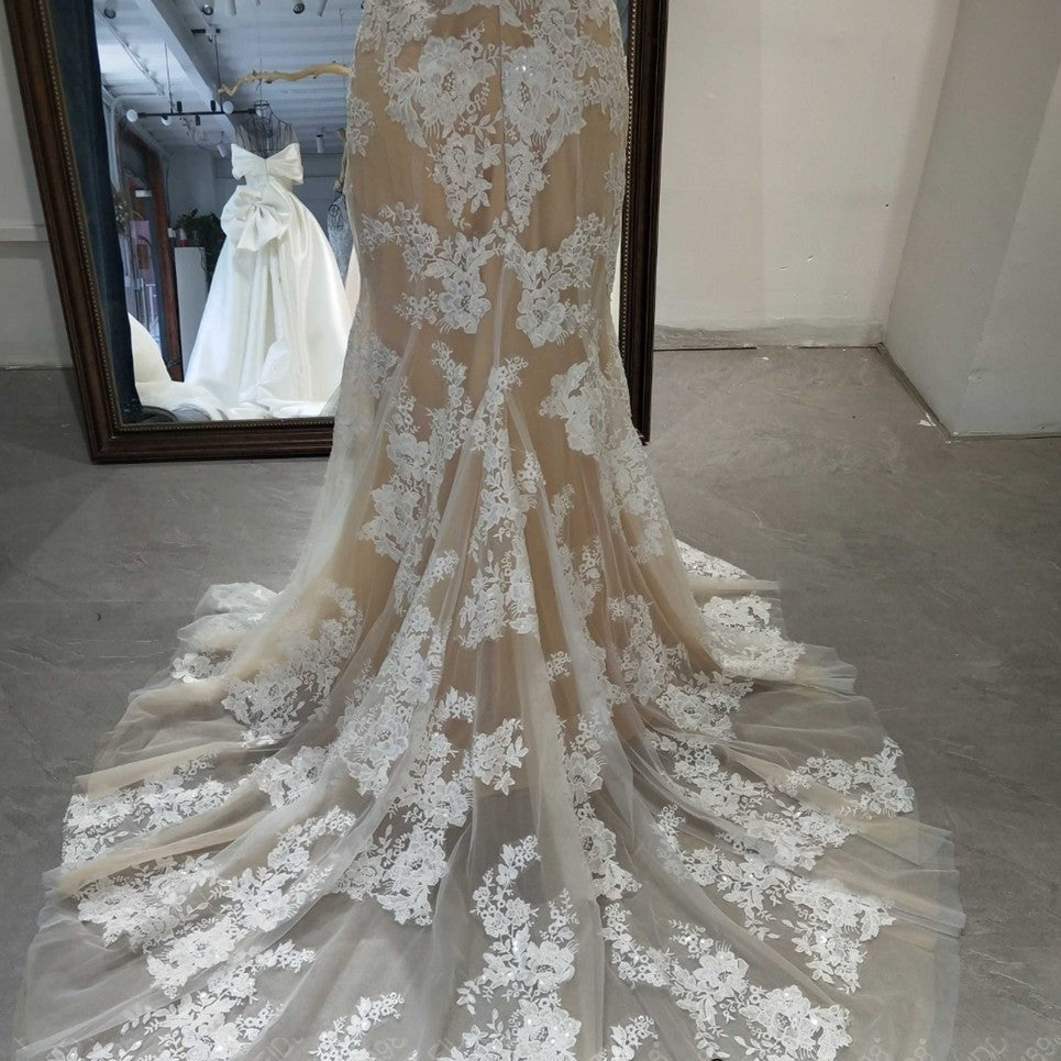 Champagne V-Neck Lace Bride Gown Sleeveless Appliques Bridal Dresses Romantic Wedding Dresses BlissGown 