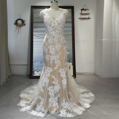 Champagne V-Neck Lace Bride Gown Sleeveless Appliques Bridal Dresses Romantic Wedding Dresses BlissGown 