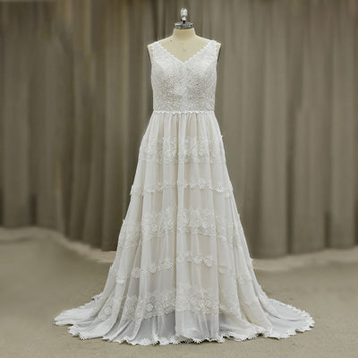 Champagne V-Neck Sleeveless Lace Wedding Dress Boho Wedding Dresses BlissGown 