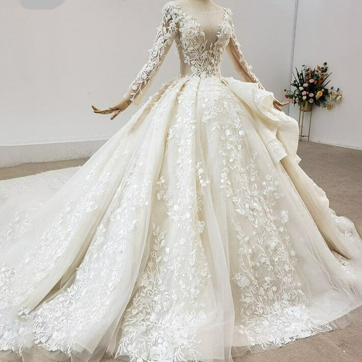 Champagne Wedding Dress 2022 Appliques Crystal Sequined Lace Long Sleeve Deep V-Neck Ball Gowns HTL1926 vestidos de novia 0 BlissGown 