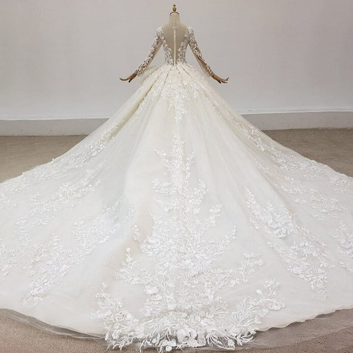 Champagne Wedding Dress 2022 Appliques Crystal Sequined Lace Long Sleeve Deep V-Neck Ball Gowns HTL1926 vestidos de novia 0 BlissGown 