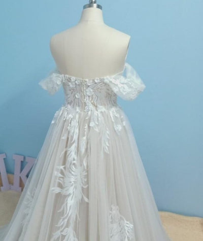 Charming Cap Sleeve Lace Sexy Off Shoulder Tulle Flowers Wedding Dress Sexy Wedding Dresses BlissGown 