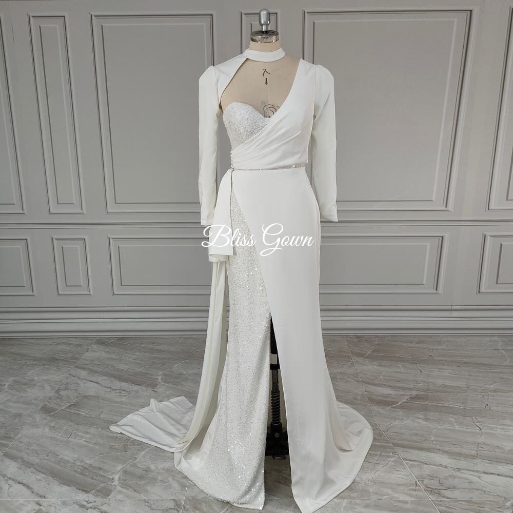 Chic Beaded Satin 2 In 1 Long Sleeve Mermaid Bridal Gown – BlissGown