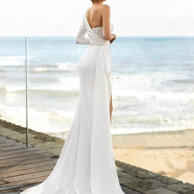 Chic Beaded Satin 2 In 1 Long Sleeve Mermaid Bridal Gown Luxury Wedding Dresses BlissGown 