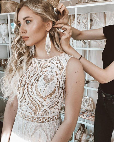 Chic Crochet Lace Sexy Backless Illusory Bohemia Wedding Dress Boho Wedding Dresses BlissGown 