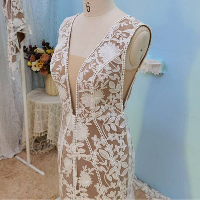 Chic Lace Detachable Sleeves Open Back Bohemia Bridal Gown Boho Wedding Dresses BlissGown 
