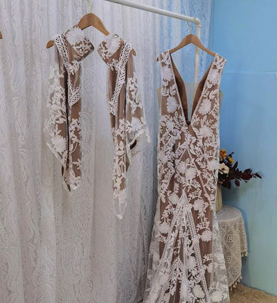 Chic Lace Detachable Sleeves Open Back Bohemia Bridal Gown Boho Wedding Dresses BlissGown 