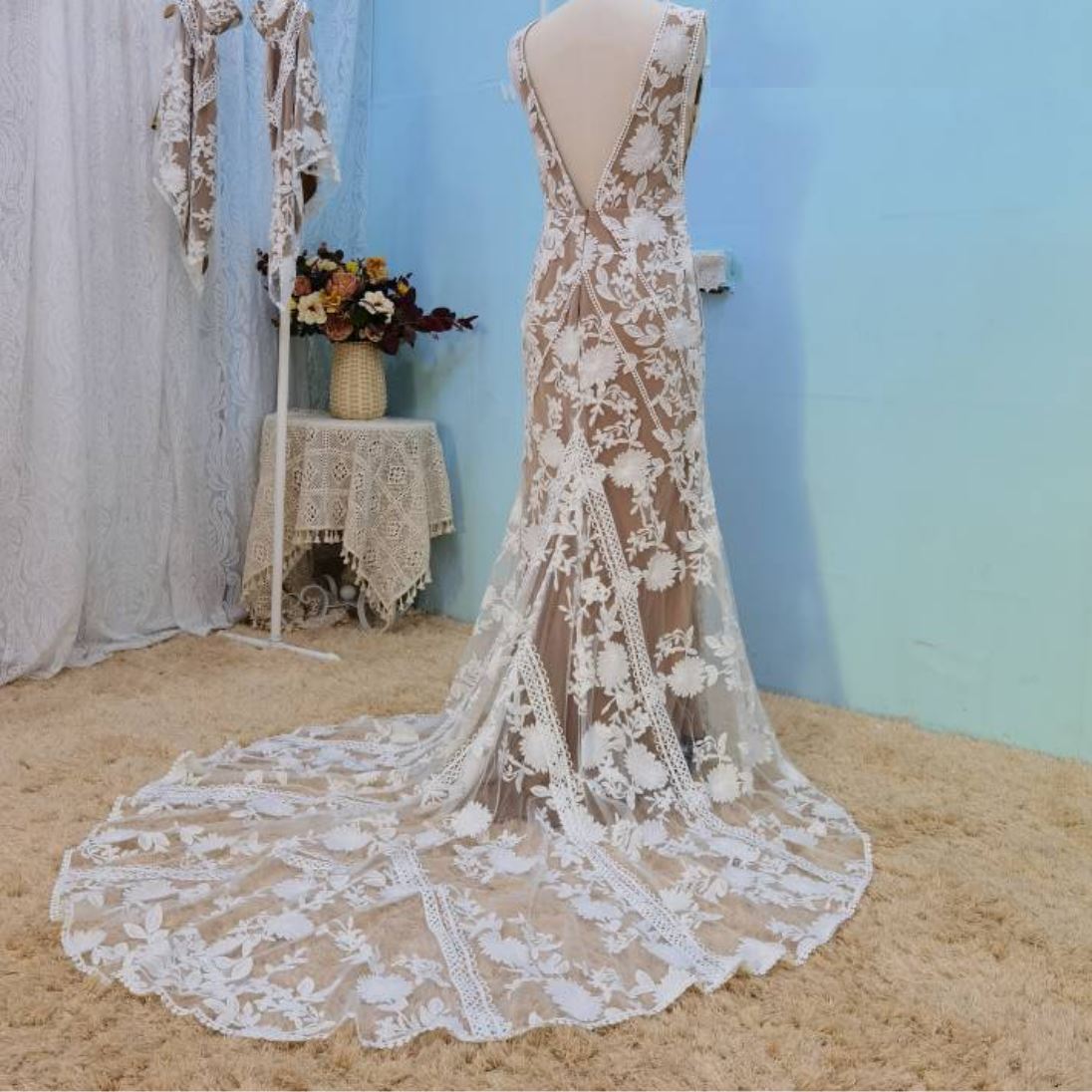 Chic Lace Detachable Sleeves Open Back Bohemia Bridal Gown Boho Wedding Dresses BlissGown Photo Color 4 