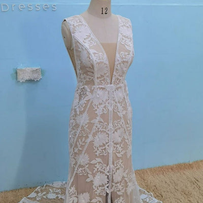 Chic Lace Detachable Sleeves Open Back Bohemian Bridal Gown Boho Wedding Dresses BlissGown 