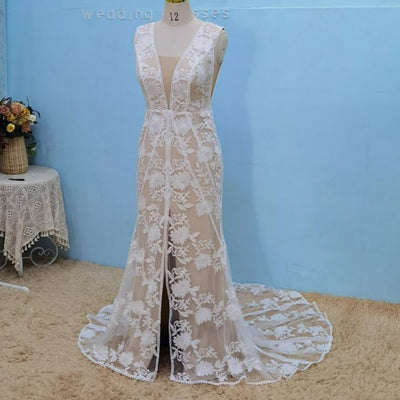 Chic Lace Detachable Sleeves Open Back Bohemian Bridal Gown Boho Wedding Dresses BlissGown 