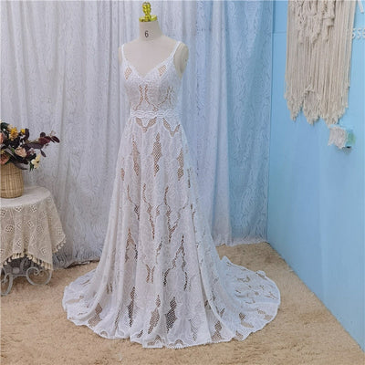 Chiffon Embroidery Spaghetti Straps Boho Bridal Gown Boho Wedding Dresses BlissGown 