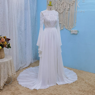 Chiffon Flare Sleeve Open Back Tassel Boho Bridal Gown Boho Wedding Dresses BlissGown 