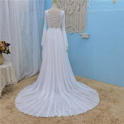 Chiffon Flare Sleeve Open Back Tassel Boho Bridal Gown Boho Wedding Dresses BlissGown 