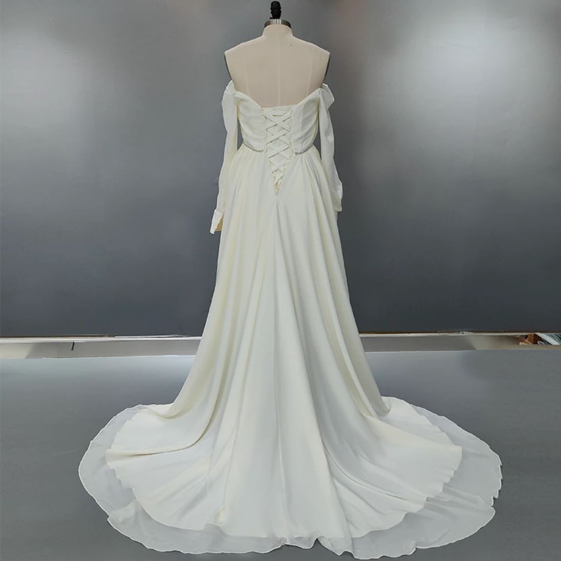 Chiffon Long Sleeves Backless Off-Shoulder Rustic Boho Wedding Dress Boho Wedding Dresses BlissGown 